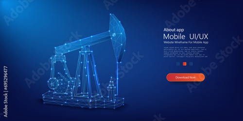 Digital Blueprint of an Oil Derrick in Operation: The Fusion of Energy Industry and Technology. Oil pump form lines, triangles and particle style design. Vector illustration