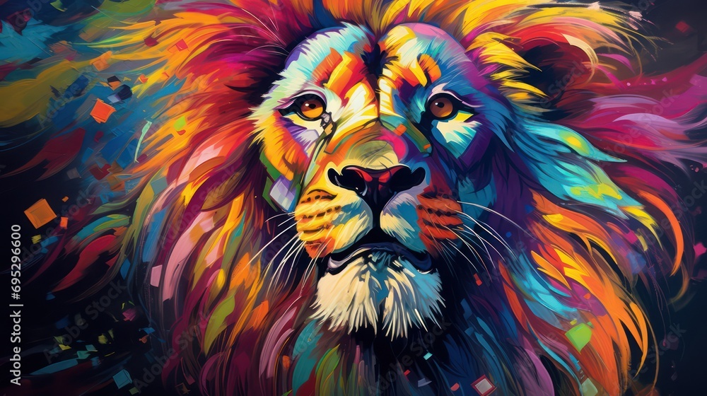 colorful oil painting of a close-up lion face