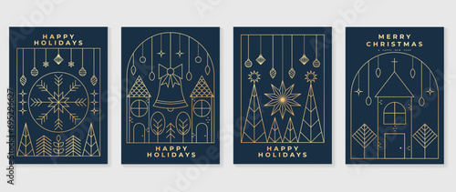 Luxury christmas invitation card art deco design vector. Christmas tree, bauble ball, house, bell line art on dark blue background. Design illustration for cover, poster, wallpaper.