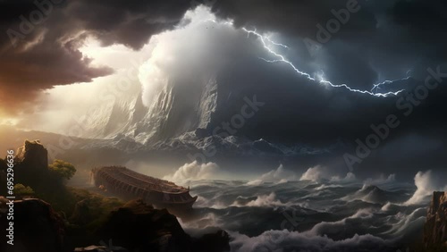 Noah's ark on the sea in heavy storm bible animation photo