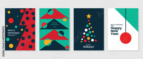Merry christmas and happy new year card design vector. Elements of decorative bauble, christmas tree, ball, star, geometric shape. Art design for card, poster, cover, banner, decoration.