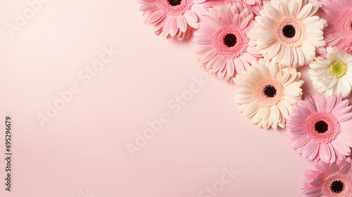 Flat lay composition with beautiful gerbera flowers photo