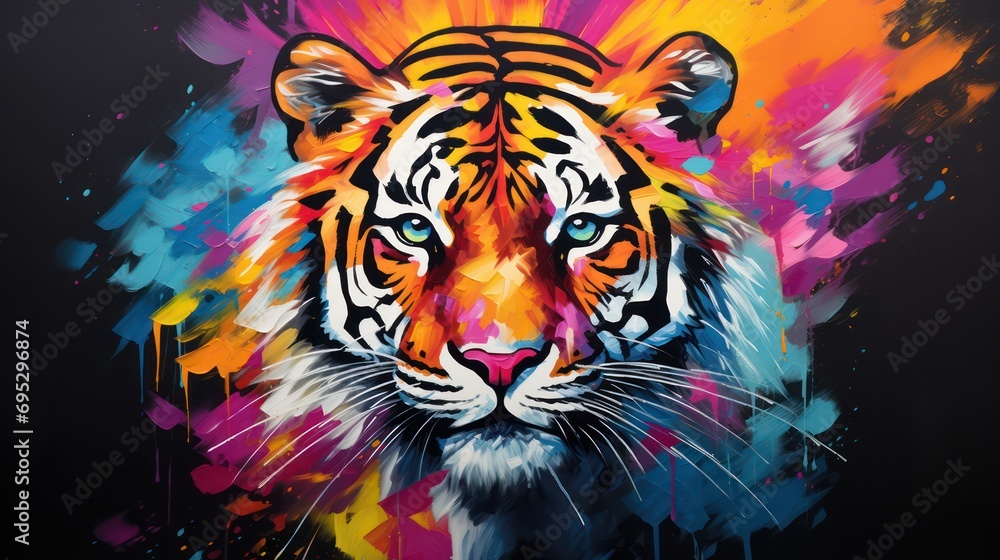 colorful oil painting of a close-up tiger face
