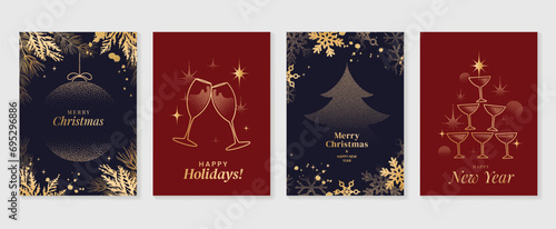 Elegant christmas invitation card art deco design vector. Luxury christmas tree, wine glass, foliage spot texture on dark blue and red background. Design illustration for cover, poster, wallpaper.