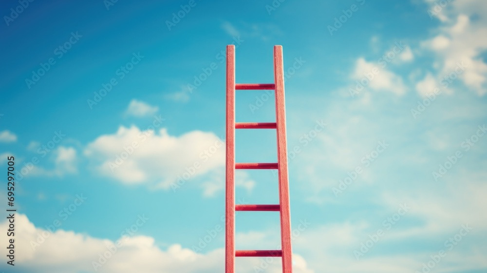 Red ladder leading to the blue sky with clouds