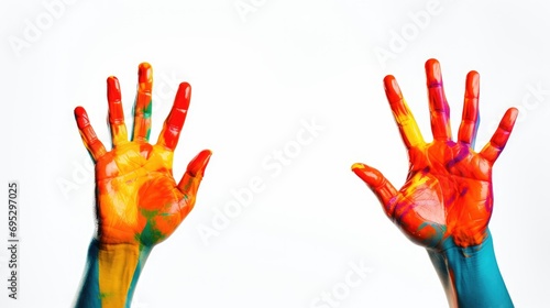 Two hands in colorful paints on isolated white background