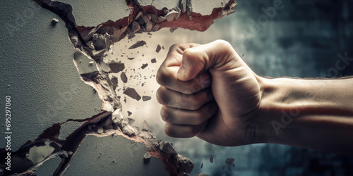 Closeup man's hand breaking the concrete wall with his fist photo