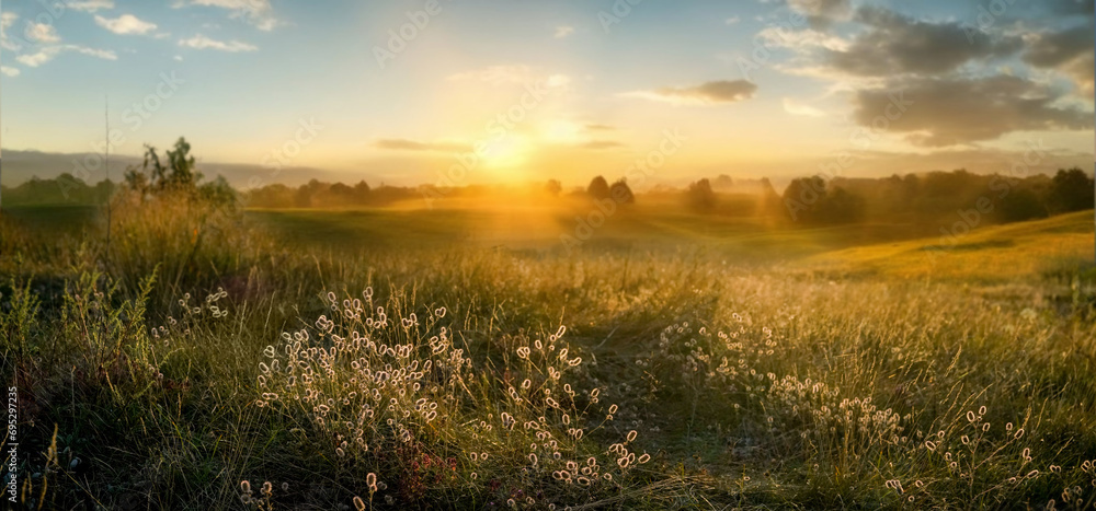 Beautiful natural panoramic countryside landscape. Blooming wild high grass in nature at sunset warm summer. Pastoral scenery. Selective focusing on foreground. - obrazy, fototapety, plakaty 