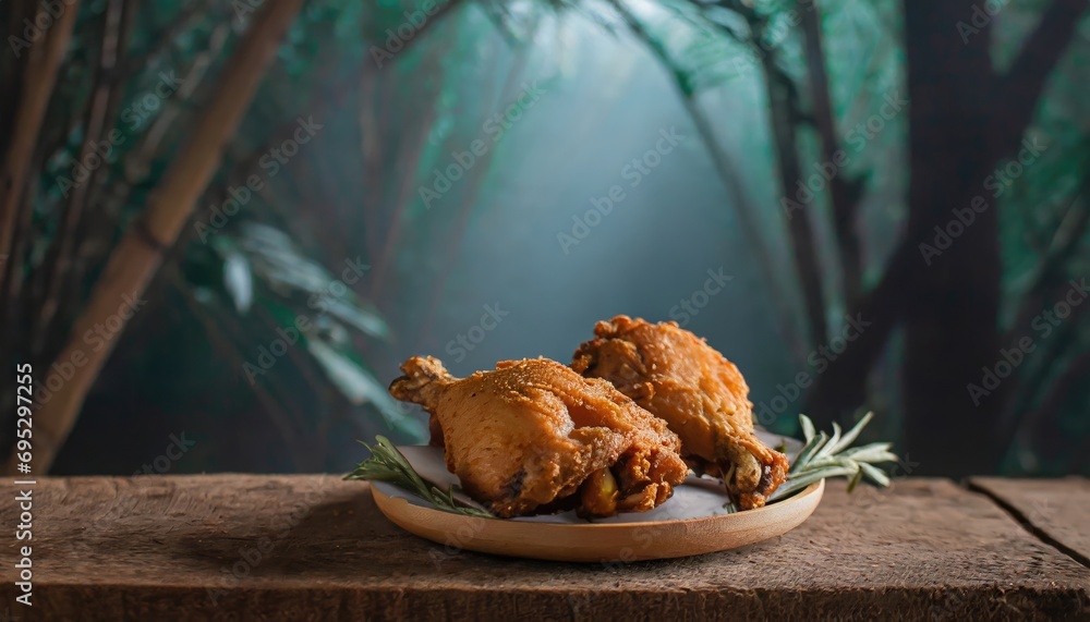 Copy Space image of Fried and Crispy Chicken Gizzards on a Rustic Wooden Table with landscape view background. Copy Space image of Fried and Crispy Chicken Gizzards on a Rustic Wooden Table with landscape view background.