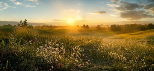 Fototapete Sonnenuntergang Beautiful natural panoramic countryside landscape. Blooming wild high grass in nature at sunset warm summer. Pastoral scenery. Selective focusing on foreground.  © Laura Pashkevich