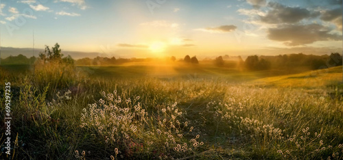 Fototapeta Naklejka Na Ścianę i Meble -  Beautiful natural panoramic countryside landscape. Blooming wild high grass in nature at sunset warm summer. Pastoral scenery. Selective focusing on foreground.