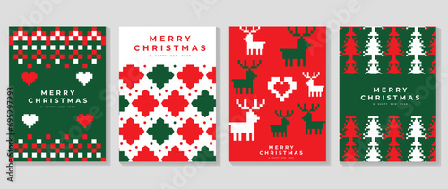 Merry christmas and happy new year card design vector. Element of decorative bauble christmas tree, reindeer,heart, snowflake, geometric shape. Art design for card, poster, cover, banner, decoration.