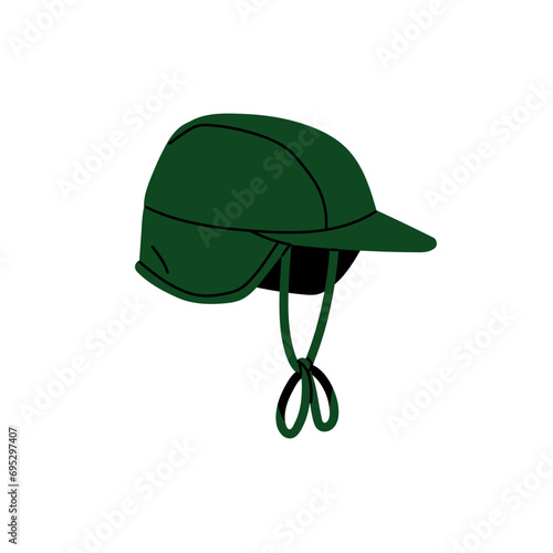 Mountain cap with strings. Hiking hat with peak, visor. Waterproof head accessory, headwear, clothes for mountaineering, ski tourism, expedition. Flat isolated vector illustration on white background