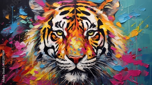 colorful oil painting of a close-up tiger face