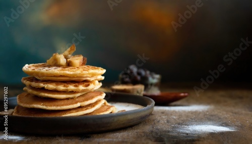 Wallpaper Mural Copy Space image of  Delicious viennese waffles with maple syrup drizzle and blackberry on dark brown wood background. Torontodigital.ca