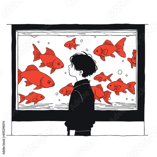 boys watches a goldfish on fishtank
