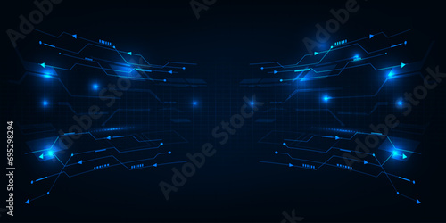 Vector illustration of digital horizontal empty space with digital glowing element grid line and circuit for advertising and game artwork background.