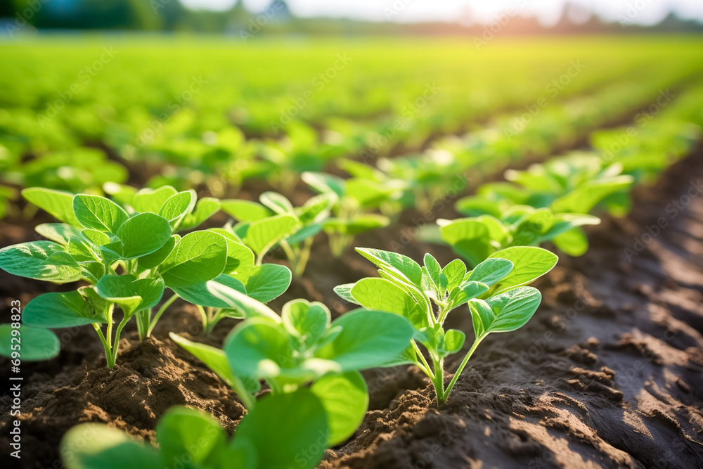 Green soybean plant closeup on a farm during the growing season. Rows of young soybean plants. Outdoor nature plant vegetable organic eco product.
Green soybean plant closeup on a farm during the growing season. Rows of young soybean plants. Outdoor nature plant vegetable organic eco product.