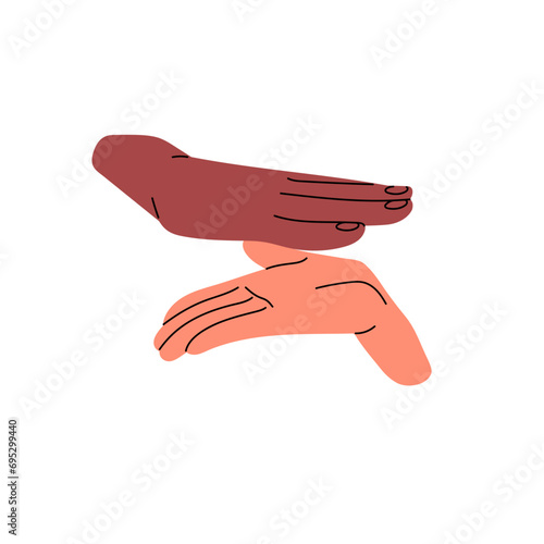 Two hands give high five icon. Biracial arms slap, open palms clap. Greeting, support gesture of friends. Team partner congratulation with success, highfive. Flat isolated vector illustration on white