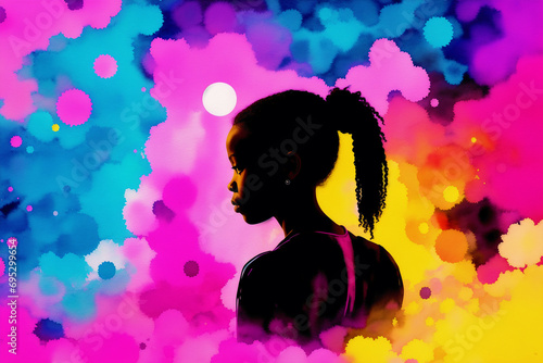 Black History month. An illustration of a little black girl. Silhouette. Watercolor paint. Generative AI