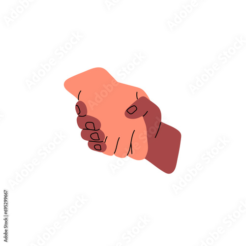 Two biracial hands in greeting gesture. People handshake, give promise, agreement. Business teamwork. Interracial partnership, friendship concept. Flat isolated vector illustration on white background