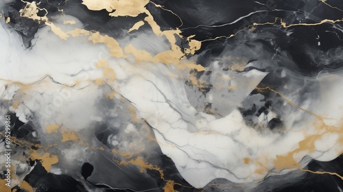 Luxurious abstract black, gold, and white marble textures. Generative AI © SB
