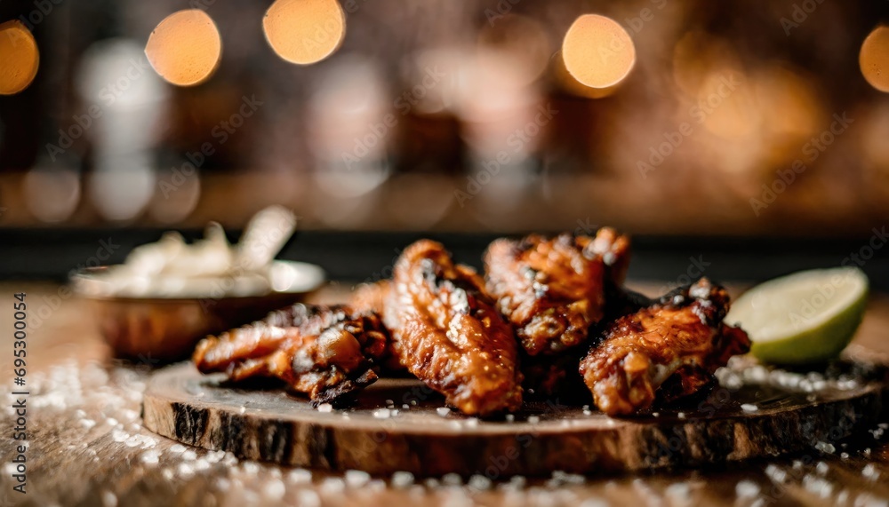 Copy Space image of Grilled chicken wings with sauces on a wooden board. Traditional baked bbq buffalo wing on bokeh background. Copy Space image of Grilled chicken wings with sauces on a wooden board. Traditional baked bbq buffalo wing on bokeh background.
