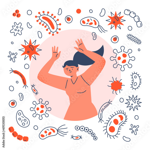 Poor protection against viruses and bacteria. The weak immune system. A woman is not protected from viruses, germs, and bacteria. Vector flat illustration on the white background.
