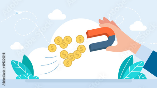 The magnet attracts money. The concept of investing. Ways or methods to increase income, hard work for enrichment, investment. A businessman with a magnet attracts dollar coins. Vector illustration