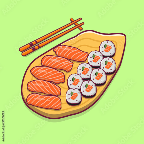 Shake sushi and sashimi on the wooden plate vector illustration. For book cover, banner, book menu, sticker with green background