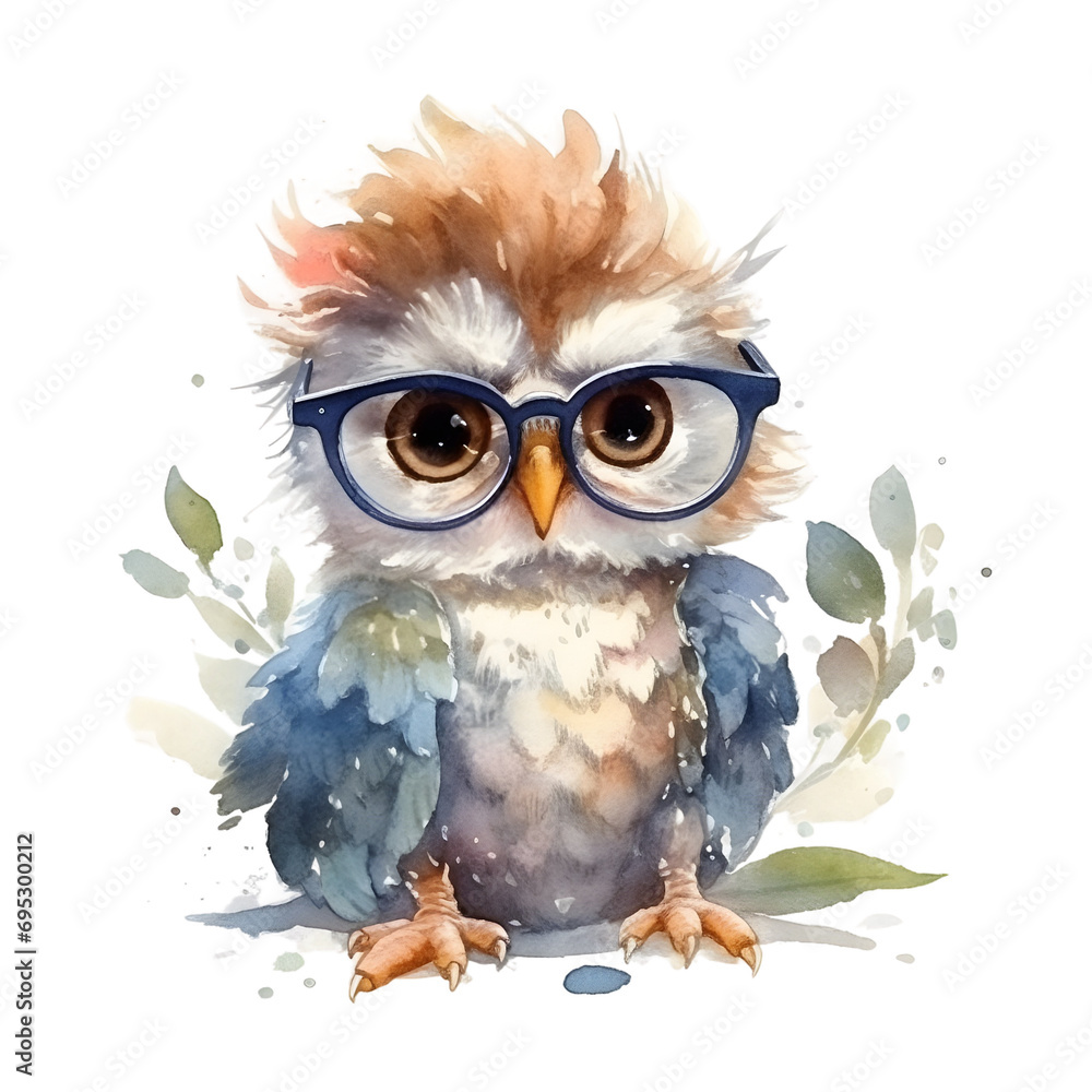 Fototapeta premium Cute cartoon watercolor owl with flowers on a transparent background