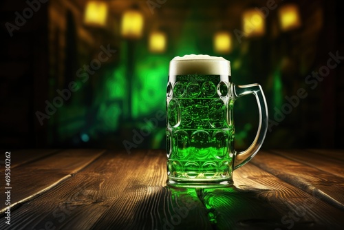 Festival drink beer. A mug of foamy green beer on a wooden table. Traditional hop flavor. St. Patrick's Day celebration concept, alcoholic drinks, Irish holiday.