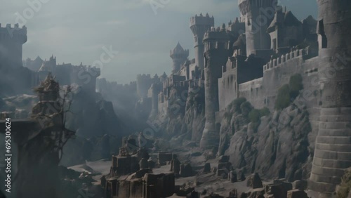 Fantasy medieval castle walls aerial view animation photo