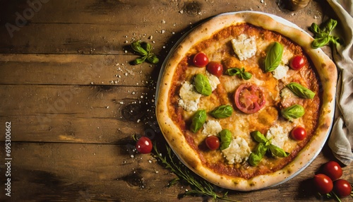 Copy Space image of Pizza Margherita on wooden background, Pizza Margarita with Tomatoes,