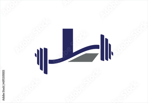 Fitness Gym Logo On Letter L. Fitness Club Icon With Exercising Equipment. Initial Alphabet Letter L GYM Logo Design Template.