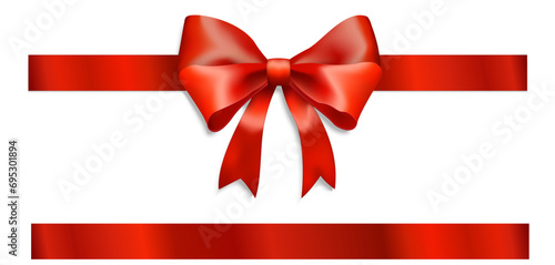 Red Ribbon Bow Realistic shiny satin with shadow horizontal ribbon for decorate your wedding invitation vector EPS10 isolated on transparent background.