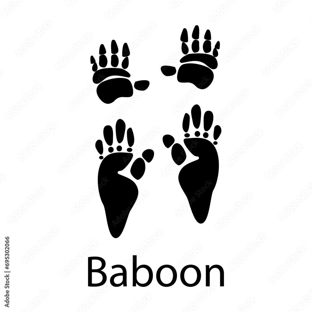 Baboon paw print black isolate on white background .African animal vector illustration, wild animal doodle style for different design uses , book, banner , flayer or fabric pattern.
Baboon paw print black isolate on white background .African animal vector illustration, wild animal doodle style for different design uses , book, banner , flayer or fabric pattern.