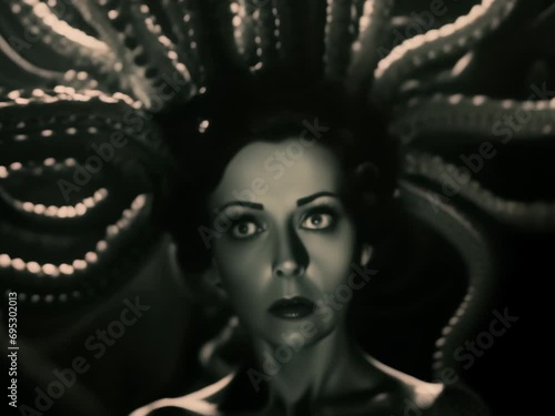 Dark noir actress with tentacles coming from his hair zooming out retro movie style animation photo