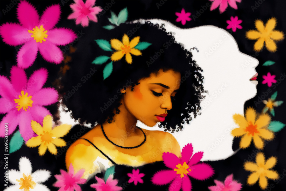 Naklejka premium Black History month. An illustration of an young black woman. Silhouette. Watercolor paint. Generative AI