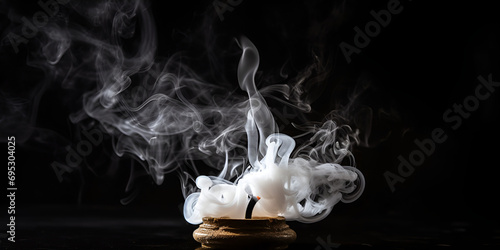 Incense cone or gum Benjamin with abstract smoke, black background, Incense Cone Burning Swirling Smoke Against Black Background, Mystical Incense Swirling Smoke on Black. 