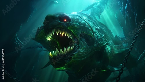 Giant underwater leviathan monster turning around deep sea animation