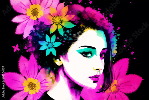An illustration of a young woman with a colorful background and flowers. silhouette. Watercolor paint. Generative AI © Pavlo