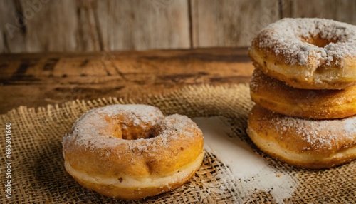 Copy Space image of Donuts with powdered sugar on wooden table on black background
