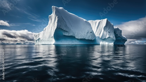 A majestic iceberg formation on the sunny blue shore of the Atlantic Ocean in Greenland. The iceberg is reflected in the calm sea water under a blue sky in daylight.