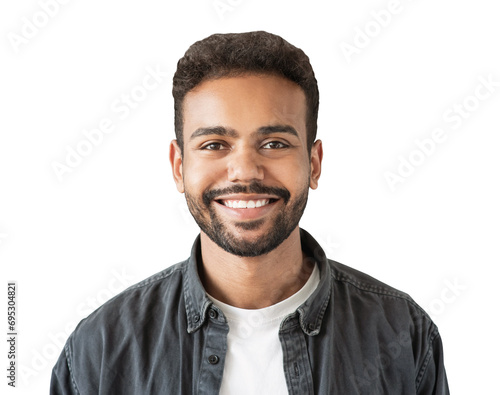 Closeup portrait of handsome smiling young man isolated in transparent PNG. Laughing joyful cheerful men studio shot
