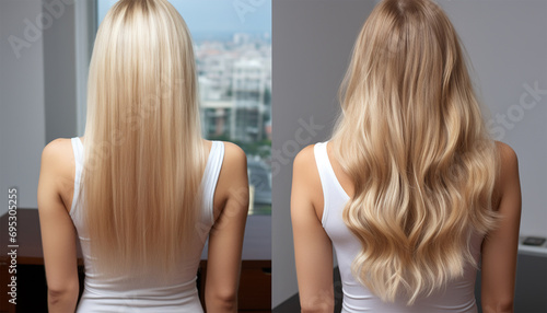 Woman before and after hair extensions on white background. Hair extension, beauty, tress, hair growth, styling, salon concept. Length and volume. Beauty hair treatment concept