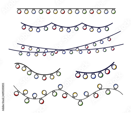 Set  colored holiday  lights.  Line art. Light bulbs garland for Christmas, birthday,background, holiday cards, banners, footer, header, menu. Vector illustration. Isolation on white background. Horiz