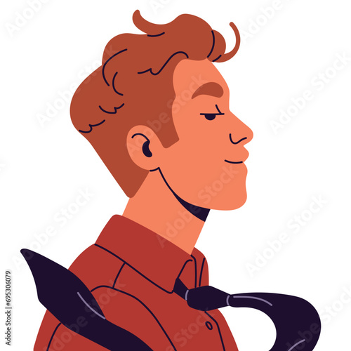 Seductive guy with tie side view portrait. Sexy young man user profile looks sideways. Cheeky male avatar with stylish hairstyle, sassy smile on face. Flat isolated vector illustration on white