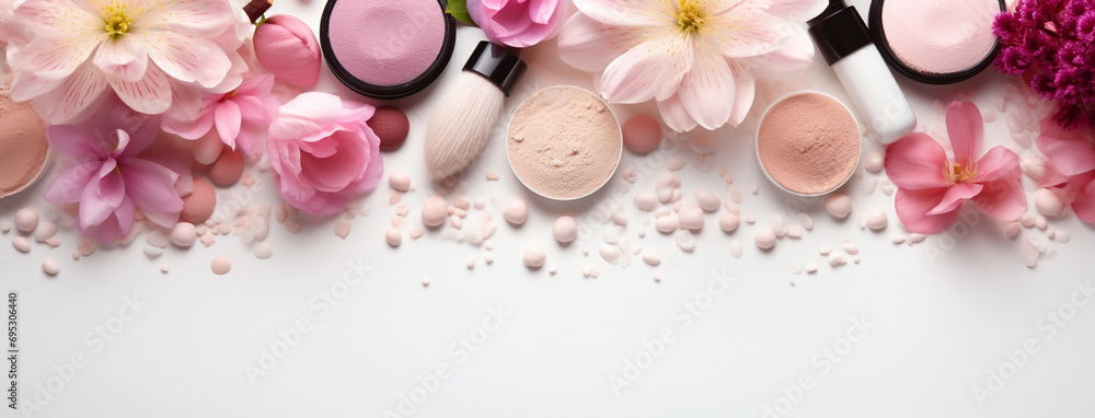 A flat lay view photograph of wide colorful cosmetic items and powders lay in manner in white background banner