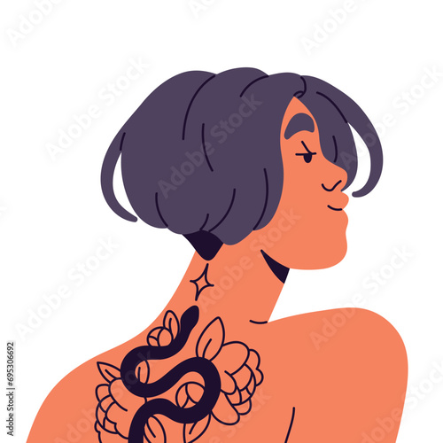Charming girl with tattoo on naked back side view. Relaxed young woman smile portrait. Happy female avatar with positive emotions on face profile. Flat isolated vector illustration on white background